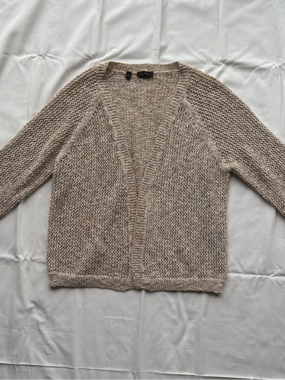 Saks Fifth Avenue Open Knit Cardigan Sweater XL Made in Italy Beige Metallic Lux